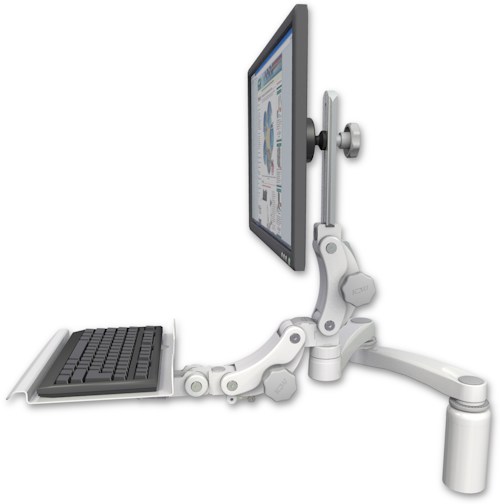 AccessMount™ Ultra 550 LCD desk mount with a 5" riser, a 12" paralink keyboard tray, and a 20" double-arm