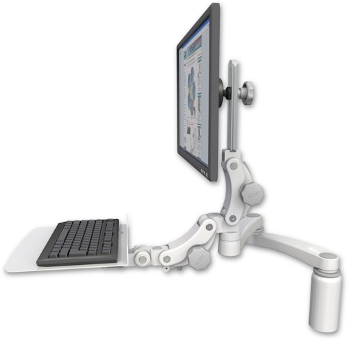AccessMount™ Ultra 550 LCD desk mount with a 5" riser, a 12" flat paralink keyboard tray, and a 20" double-arm