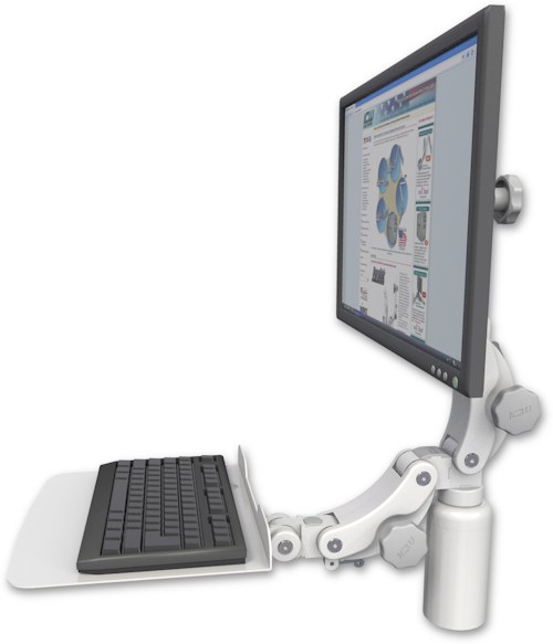 AccessMount™ Ultra 550 LCD desk mount with a 5" riser and a 12" flat paralink keyboard tray