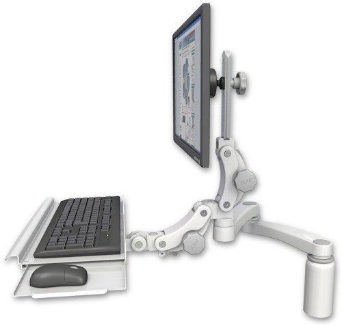 AccessMount™ Ultra 550 LCD desk mount with a 5" riser, a paralink keyboard tray w/ wrist rest bend, and a 20" double-arm