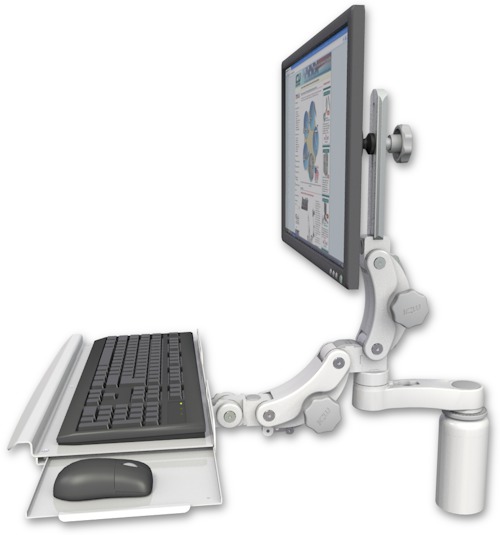 AccessMount™ Ultra 550 LCD desk mount with a 5" riser, a paralink keyboard tray w/ wrist rest bend, and an 6" arm