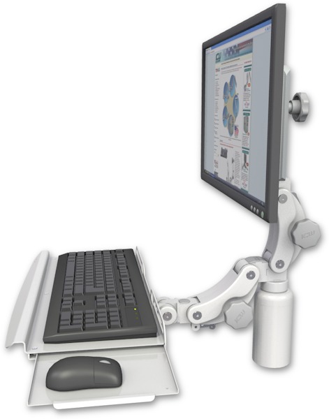 AccessMount™ Ultra 550 LCD desk mount with a 5" riser and a paralink keyboard tray w/ wrist rest bend