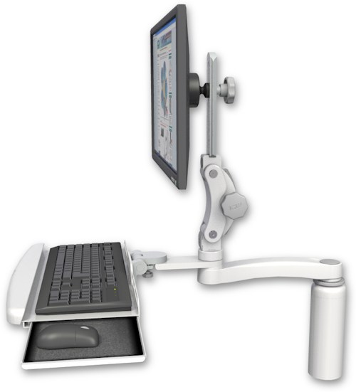 AccessMount™ Ultra 550 LCD desk mount with a 7.5" riser, a wrist-rest keyboard tray, and an 11" arm
