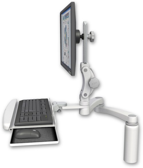 AccessMount™ Ultra 550 LCD desk mount with a 7.5" riser, a wrist-rest keyboard tray, and a 20" double-arm