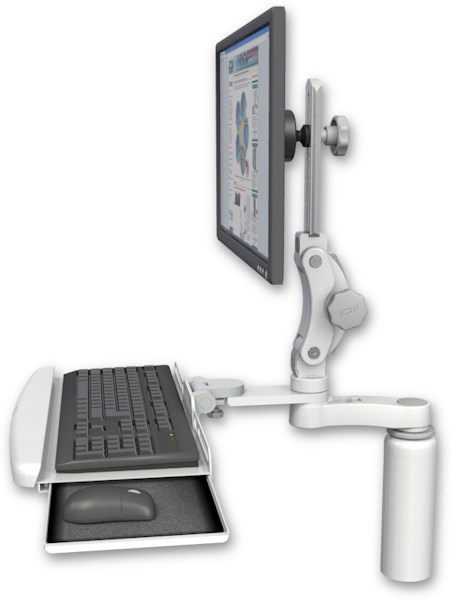 AccessMount™ Ultra 550 LCD desk mount with a 7.5" riser, a wrist-rest keyboard tray, and an 6" arm