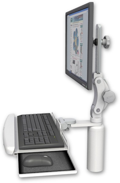 AccessMount™ Ultra 550 LCD desk mount with a 7.5" riser and a wrist-rest keyboard tray
