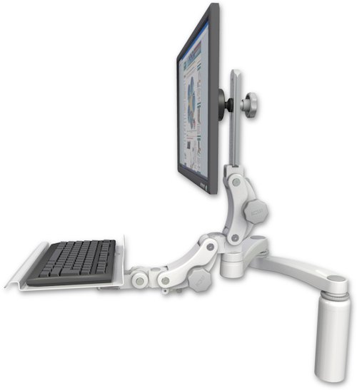 AccessMount™ Ultra 550 LCD desk mount with a 7.5" riser, a 12" paralink keyboard tray, and a 20" double-arm