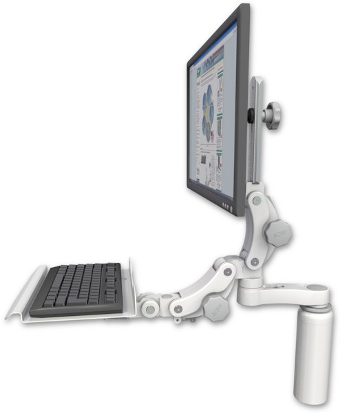AccessMount™ Ultra 550 LCD desk mount with a 7.5" riser, a 12" paralink keyboard tray, and an 6" arm