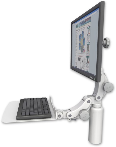 AccessMount™ Ultra 550 LCD desk mount with a 7.5" riser and a 12" flat paralink keyboard tray