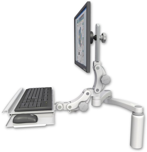 AccessMount™ Ultra 550 LCD desk mount with a 7.5" riser, a paralink keyboard tray w/ wrist rest bend, and a 20" double-arm