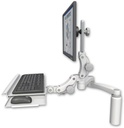 AccessMount™ Ultra 550 LCD desk mount with a 7.5" riser, a paralink keyboard tray w/ wrist rest bend, and a 20" double-arm