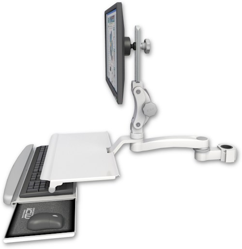 AccessMount™ Ultra 550 LCD mount for a 1.5" pole with a work surface tray and slide-out keyboard tray and an 11" arm