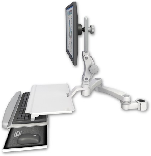 AccessMount™ Ultra 550 LCD mount for a 1.5" pole with a work surface tray and slide-out keyboard tray and a 20" double-arm