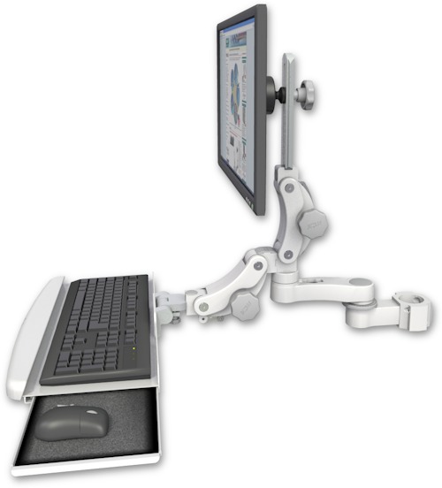AccessMount™ Ultra 550 LCD mount for a 2" pole with a paralink keyboard tray w/ wrist rest bend and an 6" arm