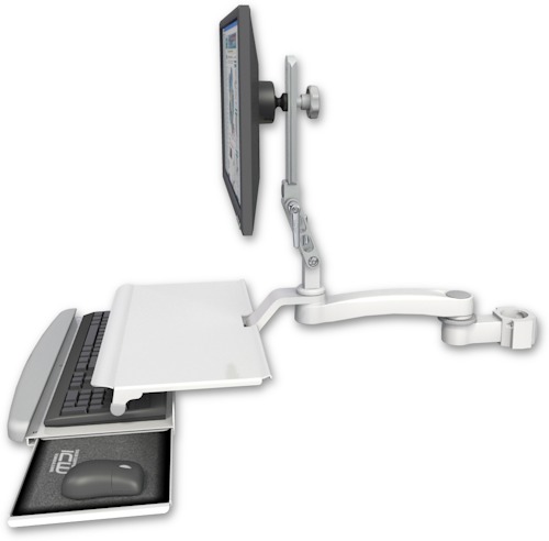 AccessMount™ Ultra 510 LCD mount for a 2" pole with a work surface tray and slide-out keyboard tray and an 11" arm