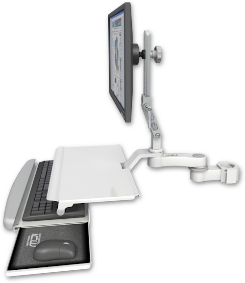 AccessMount™ Ultra 510 LCD mount for a 2" pole with a work surface tray and slide-out keyboard tray and an 6" arm