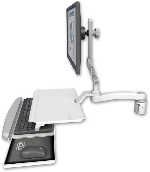 AccessMount™ Ultra 510 LCD mount for a 2" radius with a work surface tray and slide-out keyboard tray and an 11" arm