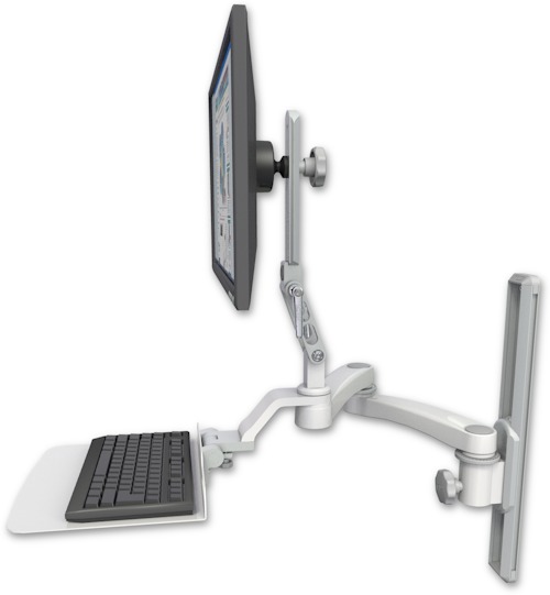 AccessMount™ Ultra 510 LCD mount on a 19" wall track slider with a 12" flat keyboard tray and a 20" double-arm