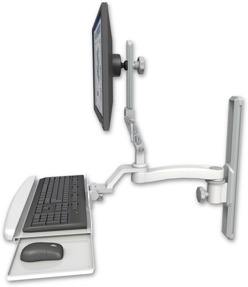AccessMount™ Ultra 510 LCD mount on a 19" wall track slider with a wrist-rest keyboard tray and an 11" arm