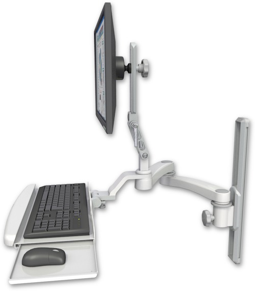 AccessMount™ Ultra 510 LCD mount on a 19" wall track slider with a wrist-rest keyboard tray and a 20" double-arm