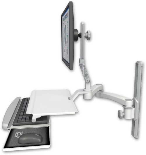AccessMount™ Ultra 510 LCD mount on a 19" wall track slider with a work surface tray and slide-out keyboard tray and a 20" double-arm