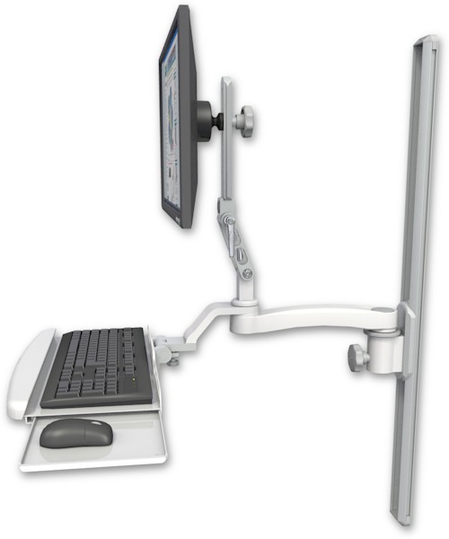 AccessMount™ Ultra 510 LCD mount on a 36" wall track slider with a wrist-rest keyboard tray and an 11" arm