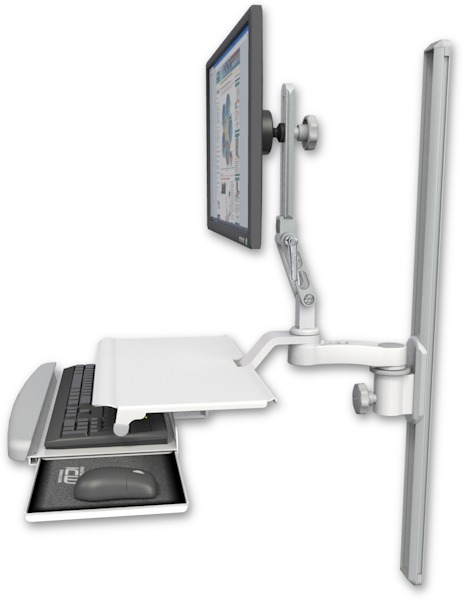 AccessMount™ Ultra 510 LCD mount on a 36" wall track slider with a work surface tray and slide-out keyboard tray and an 6" arm