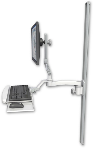 AccessMount™ Ultra 510 LCD mount on a 50" wall track slider with a wrist-rest keyboard tray and an 11" arm