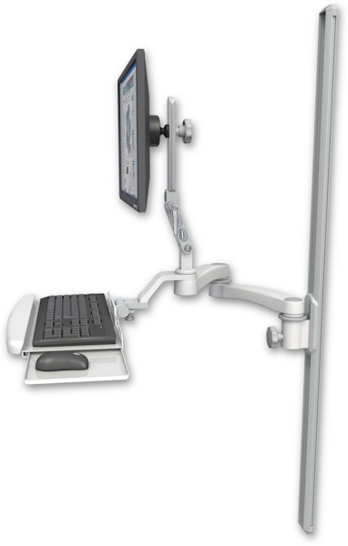 AccessMount™ Ultra 510 LCD mount on a 50" wall track slider with a wrist-rest keyboard tray and a 20" double-arm