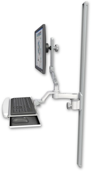 AccessMount™ Ultra 510 LCD mount on a 50" wall track slider with a wrist-rest keyboard tray and an 6" arm