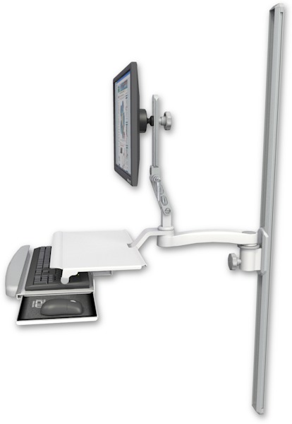 AccessMount™ Ultra 510 LCD mount on a 50" wall track slider with a work surface tray and slide-out keyboard tray and an 11" arm