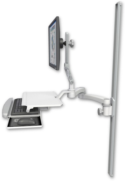 AccessMount™ Ultra 510 LCD mount on a 50" wall track slider with a work surface tray and slide-out keyboard tray and a 20" double-arm