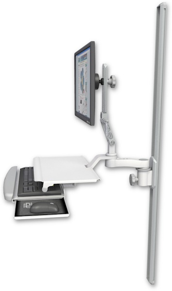 AccessMount™ Ultra 510 LCD mount on a 50" wall track slider with a work surface tray and slide-out keyboard tray and an 6" arm