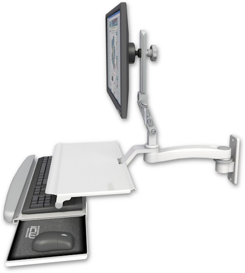 AccessMount™ Ultra 510 LCD wall mount with a work surface tray and slide-out keyboard tray and an 11" arm