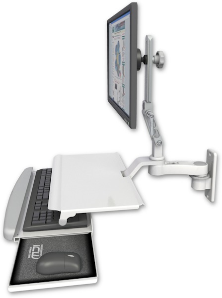 AccessMount™ Ultra 510 LCD wall mount with a work surface tray and slide-out keyboard tray and an 6" arm