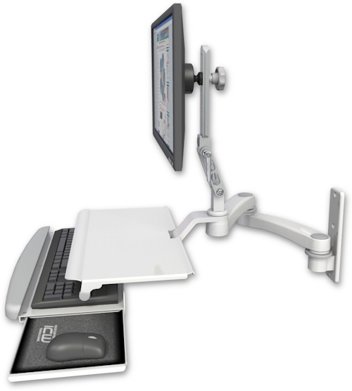 AccessMount™ Ultra 510 LCD wall mount with a work surface tray and slide-out keyboard tray and a 20" double-arm