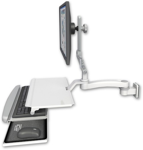 AccessMount™ Ultra 510 LCD 3.5" wall mount with a work surface tray and slide-out keyboard tray and an 11" arm