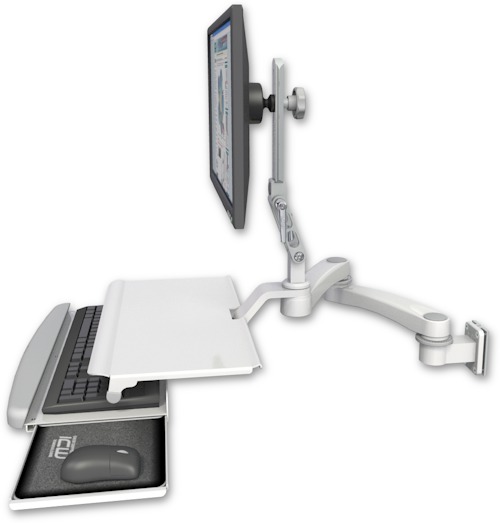 AccessMount™ Ultra 510 LCD 3.5" wall mount with a work surface tray and slide-out keyboard tray and a 20" double-arm