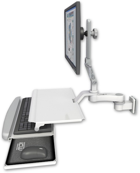 AccessMount™ Ultra 510 LCD 3.5" wall mount with a work surface tray and slide-out keyboard tray and an 6" arm