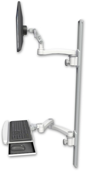 AccessMount™ Ultra 500 LCD mount on a 50" wall track with separate arms, a wrist-rest keyboard tray, and an 11" arm and 20" double-arm
