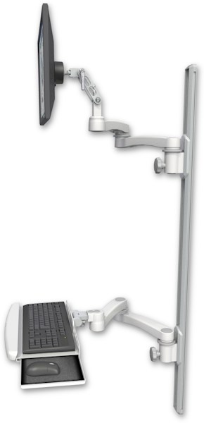 AccessMount™ Ultra 500 LCD mount on a 50" wall track with separate arms, a wrist-rest keyboard tray, and two 20" double-arms