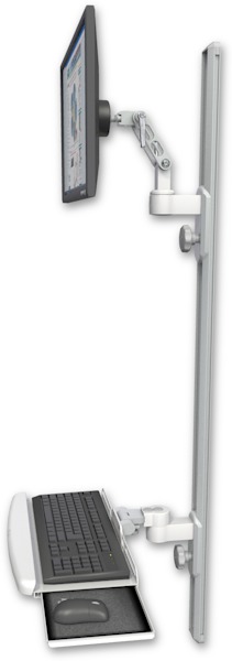 AccessMount™ Ultra 500 LCD mount on a 50" wall track with separate arms and a wrist-rest keyboard tray