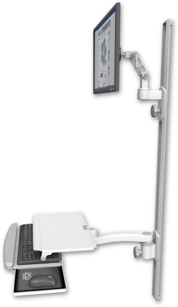 AccessMount™ Ultra 500 LCD mount on a 50" wall track with separate arms, a work surface tray and slide-out keyboard tray, and an 11" arm
