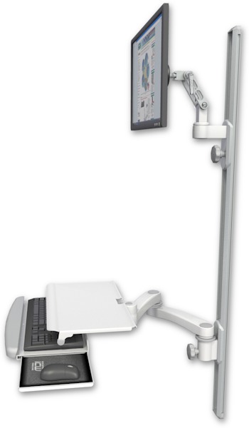 AccessMount™ Ultra 500 LCD mount on a 50" wall track with separate arms, a work surface tray and slide-out keyboard tray, and a 20" double-arm