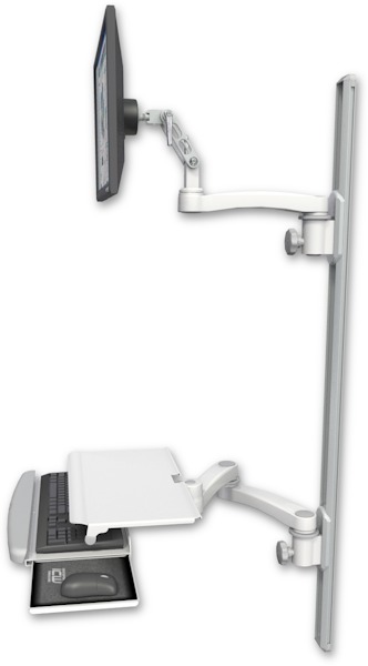 AccessMount™ Ultra 500 LCD mount on a 50" wall track with separate arms, a work surface tray and slide-out keyboard tray, and an 11" arm and 20" double-arm