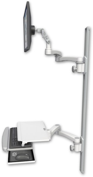 AccessMount™ Ultra 500 LCD mount on a 50" wall track with separate arms, a work surface tray and slide-out keyboard tray, and two 20" double-arms