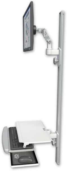 AccessMount™ Ultra 500 LCD mount on a 50" wall track with separate arms and a work surface tray and slide-out keyboard tray