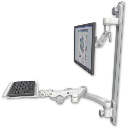 AccessMount™ Inverted Ultra 500 LCD mount on a 36" wall track with separate arms, a 12" paralink keyboard tray, and a 20" double-arm