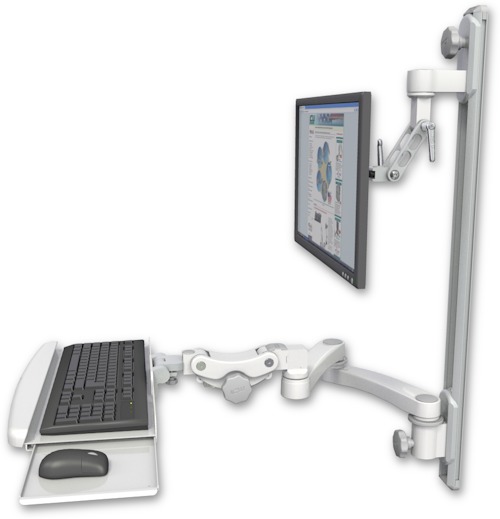 AccessMount™ Inverted Ultra 500 LCD mount on a 36" wall track with separate arms, a paralink keyboard tray w/ wrist rest bend, and a 20" double-arm