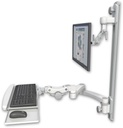 AccessMount™ Inverted Ultra 500 LCD mount on a 36" wall track with separate arms, a paralink keyboard tray w/ wrist rest bend, and a 20" double-arm